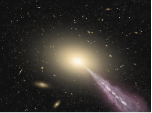 Representación artística de una galaxia gigante con un chorro altamente energético. Crédito: ALMA (ESO/NAOJ/NRAO)