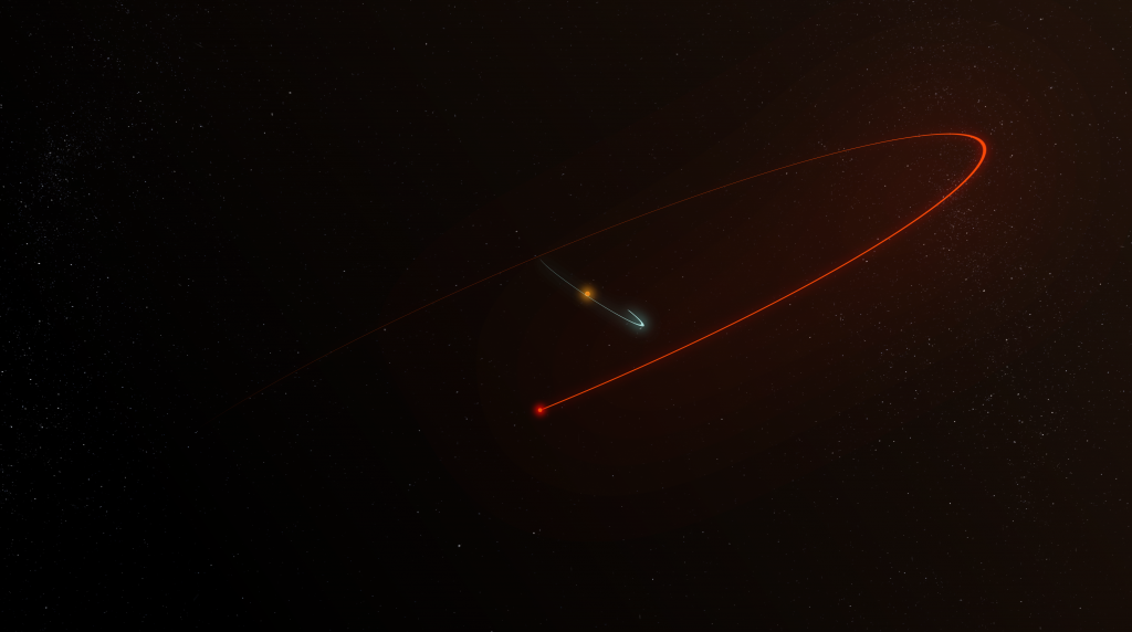 En la concepción de este artista, una estrella pequeña (naranja) está orbitada por un planeta similar a Júpiter (azul) y por una estrella compañera más distante (roja). Crédito: Sophia Dagnello, NRAO/AUI/NSF.
