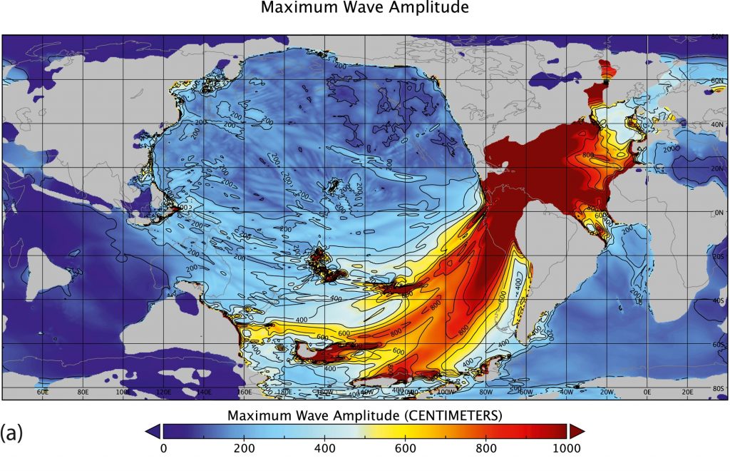 Alturas máximas de perturbación de la superficie del mar por tsunami
