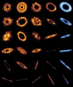 ¡No todos los anillos son forjados en la fantasía, mi precioso! Para los astrónomos, se encuentran en el espacio. Los de la Imagen de la Semana de hoy son discos de escombros: los restos de la formación de planetas alrededor de otras estrellas. Incluso nuestro Sistema Solar tiene un disco de escombros, conocido como el Cinturón de Kuiper, donde numerosos asteroides y cometas rodean al Sol más allá de la órbita de Neptuno. Se cree que la influencia de planetas grandes como Neptuno impidió que el polvo y las piedras en esta región se agruparan y formaran cuerpos más grandes. Por lo tanto, los discos de escombros pueden verse como restos de formación planetaria, y estudiar los que están alrededor de otras estrellas es clave para comprender el nacimiento de los sistemas planetarios. Utilizando el Atacama Large Millimeter/submillimeter Array (ALMA), un equipo de astrónomos ha obtenido imágenes de alta resolución de 24 discos de escombros alrededor de otras estrellas. Las imágenes naranjas en esta Imagen de la Semana muestran la distribución del polvo en estos discos, y las azules la distribución del gas en 6 de ellos. El origen del gas en los discos de escombros es objeto de debate: podría ser gas primordial sobrante que estaba presente alrededor de la estrella desde el principio, o gas liberado más tarde cuando los granos de polvo colisionaron entre sí. El disco de escombros alrededor de la estrella HD 121617, que se muestra aquí en las dos imágenes de la parte superior derecha, es muy interesante en este sentido. El anillo de polvo (naranja) es más brillante en un lado, lo que indica una mayor concentración de granos de polvo allí. El equipo descubrió que un vórtice de gas podría atrapar partículas de polvo allí, pero solo si la densidad del gas es muy alta. Una densidad de gas tan alta sería más consistente con que este gas sea de origen primordial. Un análisis más profundo de la muestra completa de discos de escombros nos dirá más sobre los secretos de estos preciosos anillos. Enlaces: Artículo de investigación en Astronomía y Astrofísica Nota de prensa del Observatorio Nacional de Radioastronomía